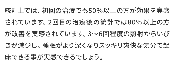 統計上では、初回の治療でも50%以上の方が効果を実感されています。2回目の治療後の統計では80％以上の方が改善を実感されています。3から6回程度の照射からいびきが減少し、睡眠がより深くなりスッキリ爽快な気分で起床できる事が実感できるでしょう。